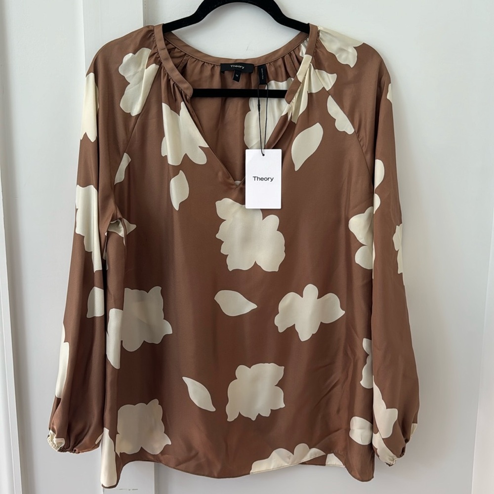 Theory: Petal Silk Puff Sleeve Blouse. Size M, Bright Camel - Picture 2 of 16
